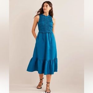 Boden Smocked Linen Midi Dress Crystal Teal Size 10p NWOT